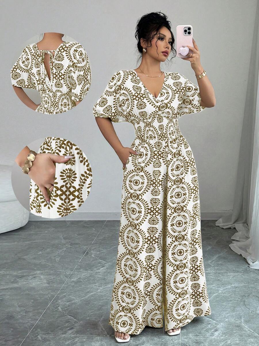 Elenzga Vacation Style Puff Sleeve V-Neck Elastic Waist Wide Leg Jumpsuit Pants - Coffee Brown - View 1