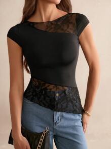 SHEIN Tall Women's Summer Slim Fit Asymmetric Lace Short Sleeve T-Shirt With Hem Splicing And Flutter Design, T-Shirt. - Black - View 4