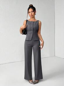 SHEIN PETITE Damen Set aus einfarbiger Rundhals-Weste und Hose, eleganter Pendler-Anzug, Sommer Herbst Damen Kleidung, Büromode, Business Lässig Damen Zweiteiler, Damen Blazer Set, Business Lässig für Frauen