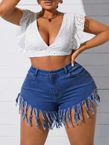 SHEIN SXY Plus Size Denim Shorts With Tassel Trim, Fashionable For Summer - Blue - View 4