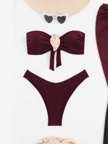 Swim Oasis 3 件套春假女士海滩装：吊带比基尼套装、透视长裙、优雅金色配饰、露背泳装沙滩装 - 酒紅色 - 查看 6