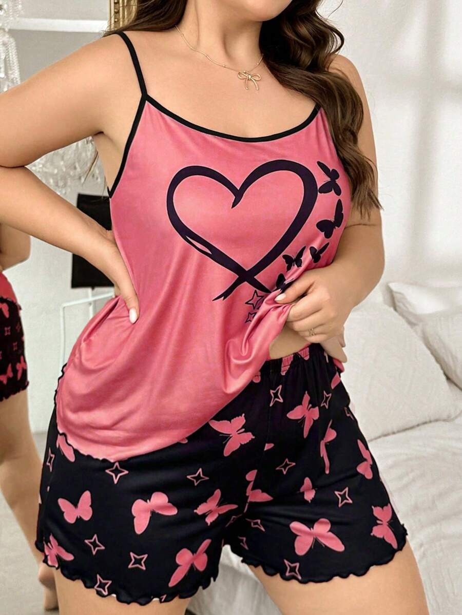 DUSKBASE 1 Set Plus Size Butterfly & Heart Print Camisole And Shorts Pajamas - Multicolor - View 1