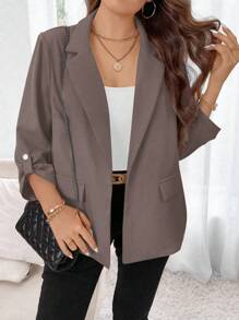 Celure Plus Roll Tab Sleeve Open Front Blazer For Dailywear Graduation,Back To School,Teacher Outfits For Women Fall Cloth For Women Autumn