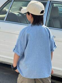 Tween Boy Oversized Casual Stand Collar Short Sleeve Shirt, Suitable For Kids, Back To School, Boys Sets For Birthday Parties, Evening Parties, Performances, Weddings, Baptisms, Opening Ceremonies, Daily Wear, School, Travel, Sports, Spring And Summer