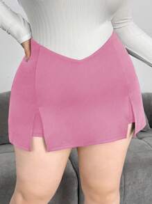 Flirla Plus Size Women V-Neck Waist Front Slit Mini Skirt Shorts - Pink - View 1