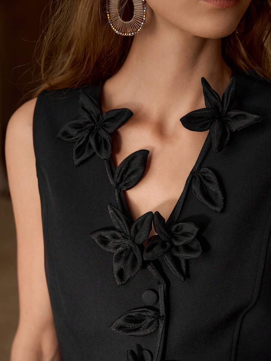 PREMIUM 优雅精致3D花卉背心 - 黑色 - 查看 2
