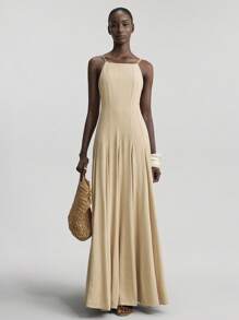 Ontre 2025 新款开叉设计女式卡其色细肩带条纹 A 字形连衣裙，休闲假日风格春夏 - 卡其色 - 查看 6