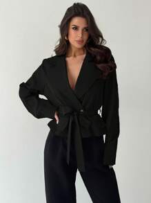 Firerie New Khaki Three-Dimensional Pocket Belt Women's Thin Windbreaker Jacket In Fall/Winter - Black - View 1