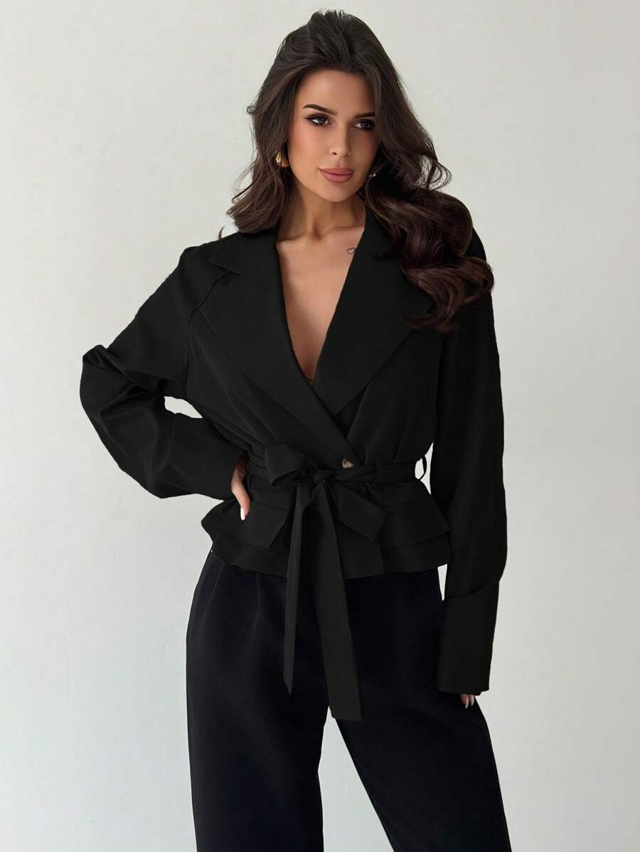 Firerie New Khaki Three-Dimensional Pocket Belt Women's Thin Windbreaker Jacket In Fall/Winter - Black - View 1