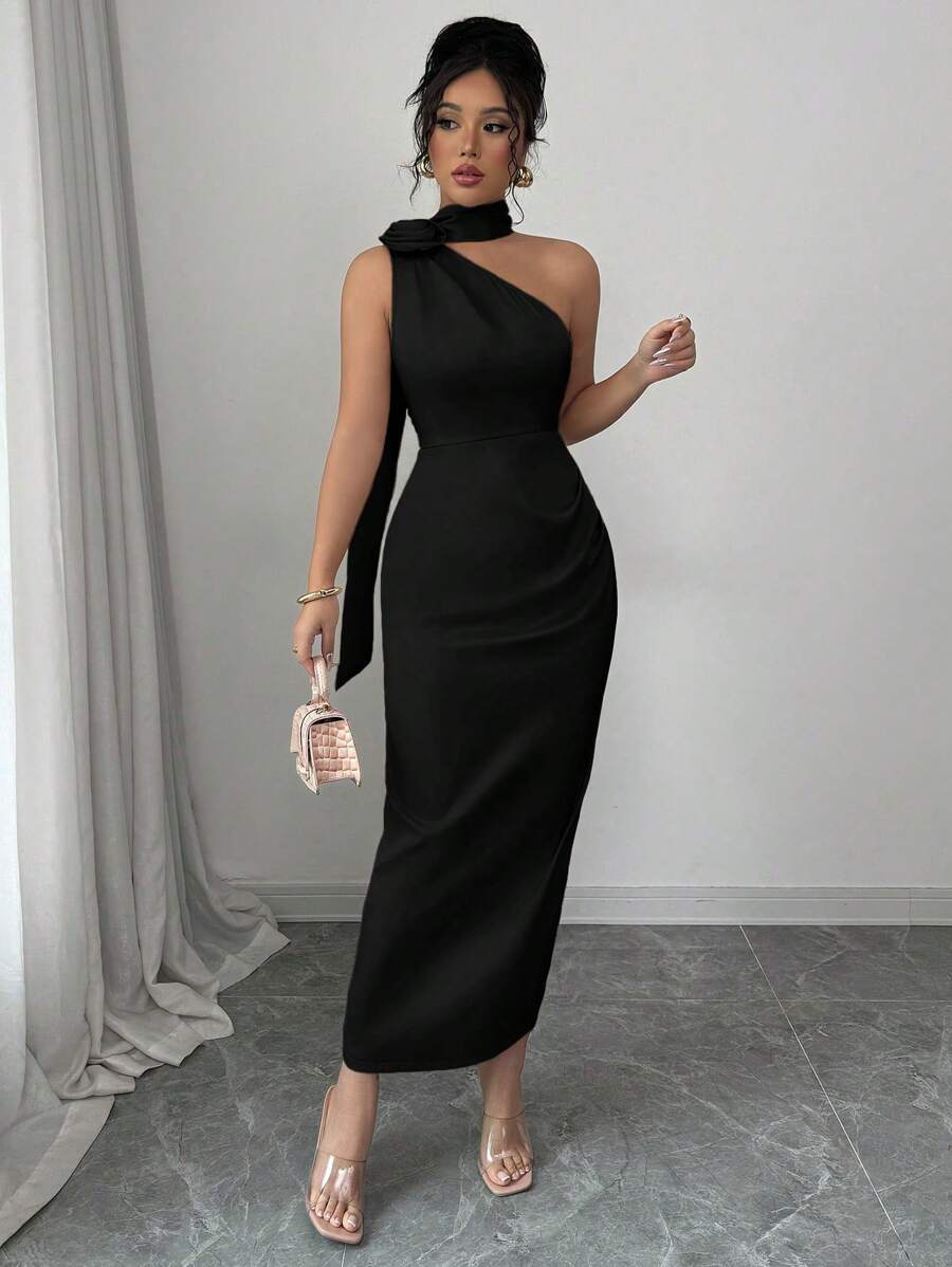 Elenzga 优雅性感法式缎带装饰褶皱收腰紧身连衣裙 - 黑色 - 查看 1