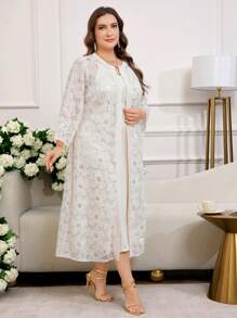 SHEIN Clasi 曲线加大码女式杏色纯色优雅闪亮亮片刺绣外套和杏色连衣裙两件套，女士夏季服装，女士度假服装，女士春季服装，女士婚礼宾客礼服，女士生日服装，度假两件套，老款风格女士，外出服装，女士优雅服装，女士两件套，女士服装套装，女士套装，女士配套套装，两件夏季套装，裙子和上衣套装 - 杏色 - 查看 7