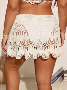 SHEIN Swim Falda de cubierta talla grande con cintura ajustable de mujer, bordada a ganchillo - Beis - Ver 2