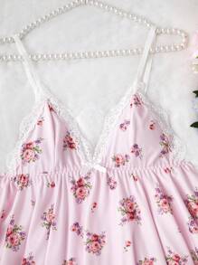 SweetSlumber Lace Patchwork V-Neck Ditsy Floral Camisole & Pants Sleepwear Set - Baby Pink - View 3