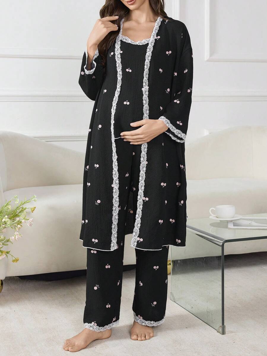 Moonlight&Mama 3pcs Maternity Sleepwear Set With Romantic Bubble & Cherry Blossom Print, Cozy And Elegant Details, Clothes, Fall & Winter - Black - View 1