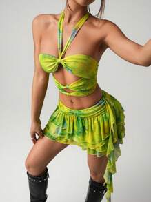 SHEIN ICON Conjunto de 2 piezas con top corto halter sexy con giro y abertura + falda de volantes de estilo pastel, en estilo Y2K
