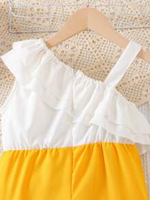 New Fashion Party & Festival Asymmetrical Neck Ruffle Trim Jumpsuit For Young Girl, Sleeveless Wide Leg High Waist Playsuit