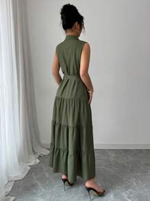 Elenzga Women's Solid Color Single Breasted Ruffle Hem Sleeveless Shirt Dress - Army Green - View 2