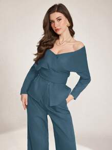 Modelyn 2pcs Women's Elegant Off Shoulder Criss-Cross Strap Modern Korean Style Set, Spring/Summer - Dusty Blue - View 4