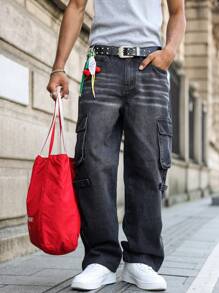 Manfinity Hypemode Men's Ombre Multi-Pocket Street Style Side Split Denim Jeans - Black - View 7