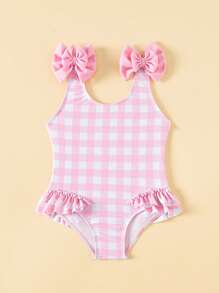 Baby Girl Cute Bow-Decorated Ruffled One-Piece Swimsuit,Light Pink Plaid Swimsuit - Baby Pink - View 3