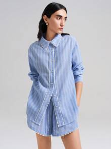 Ontre 女士条纹印花前扣休闲长袖衬衫 - 藍白色 - 查看 1