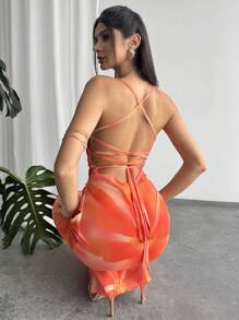 Firerie 女士优雅浪漫度假性感花卉网眼印花露背紧身长裙，适合派对、海滩、返校、浪漫约会、婚礼、生日、情人节