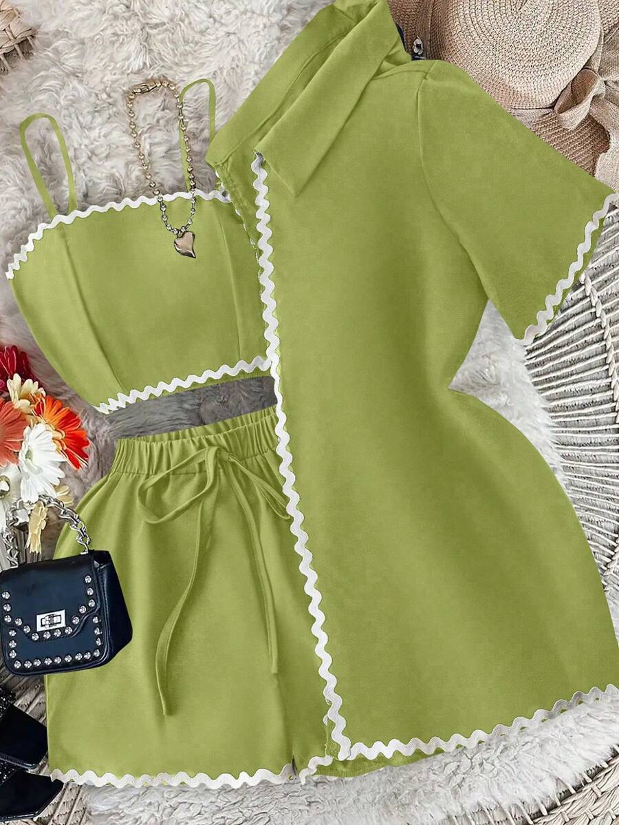 SHEIN Unity 3 件套女士织带拼布短袖衬衫、吊带背心和短裤套装 - 綠色 - 查看 1