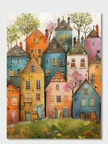 1pc Whimsical Rural Canvas Print - Charming Colorful House Illustration, Wall Art Decor For Home And Bedroom, Frameless Canvas Painting - Multicolor - View 10