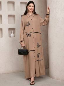 Veilorie Women's Elegant Loose Butterfly Embroidery Front Button Long Dress - Khaki - View 5
