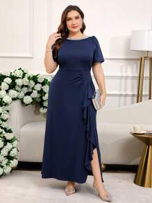 Ellevyn 大码女式纯色泡泡袖亮片拼接荷叶边下摆优雅连衣裙，女士夏季服装，女士夏季连衣裙，舞会礼服，毕业礼服，女士婚礼宾客礼服，女士毕业礼服，女士生日礼服，女士长裙，礼服 - 藏蓝色 - 查看 8