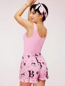 BETTY BOOP X LUVLETTE Conjunto de ropa de estar en casa con top de tirantes rosa básico y pantalones cortos con estampado de x LUVLETTE, pantalones con bolsillos, lencería, ropa interior nupcial - Rosa - Ver 2