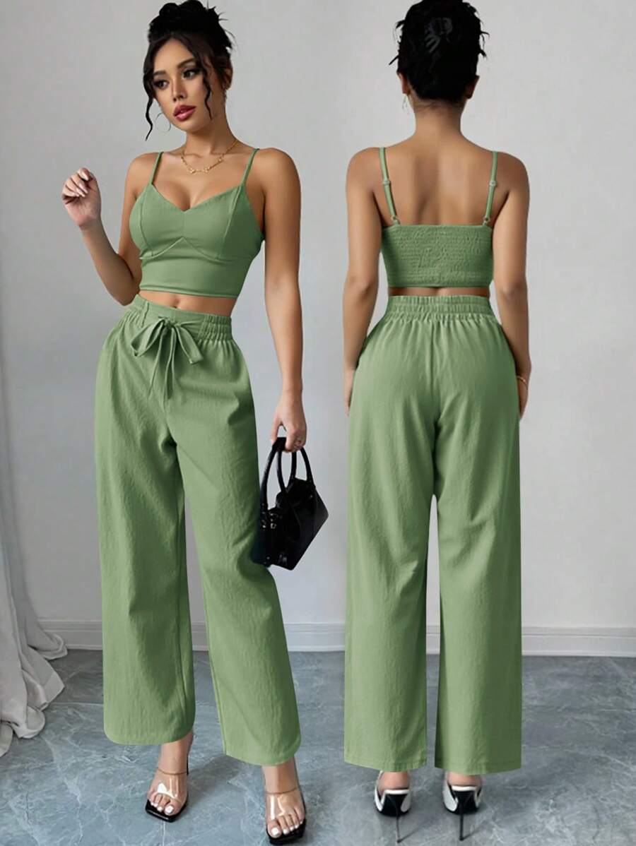 SHEIN ChicEase Women's Butterfly Detail Camisole Tank Top And Straight Leg Elastic Waist Pants 2 Pieces Vacation Set - Green - View 1