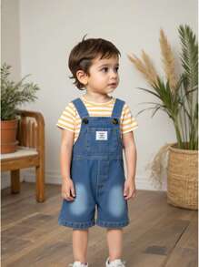 Vintaside Kids Baby Jungen Sommer Rundhals Kurzarm gestreiftes Lässig T-Shirt kombiniert mit Jeans-Latzhosen, geeignet für den Alltag, Lässig, Outdoor-Aktivitäten und Veranstaltungen. Das einfache und bequeme Design verleiht eine entspannte, stilvolle Erscheinung.