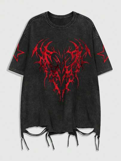 Grunge Punk Camiseta de manga corta holgada con estampado de diente de león, estilo gótico casual, Halloween, estilo de los 2000