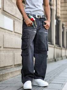 Manfinity Hypemode Men's Ombre Multi-Pocket Street Style Side Split Denim Jeans - Black - View 3