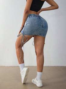 SHEIN Tall Women's Summer Casual Pleated Side Drawstring Denim Mini Skirt - Blue - View 2