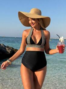 SHEIN Maternity Geometric Print Halter Cut-Out Tankini Bikini Set Set For Summer Beach Vacation - Black - View 3