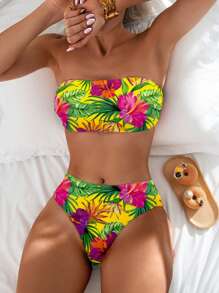 Swim Lushoire 2 件套女士度假花卉印花抹胸比基尼套装 - 彩色 - 查看 1