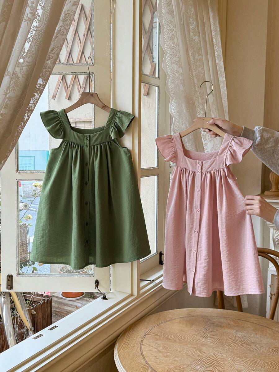 Blossori Young Girls Elegant French Style Multi-Piece Woven Square Collar Dress, Pink/Green,Spring/Summer - Multicolor - View 1