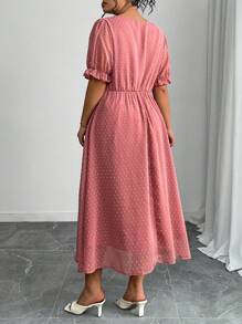 Elenzga Plus Size Women Summer Chiffon Jacquard A-Line Dress - Coral Pink - View 2