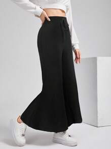 Mulvari Quần ống rộng cạp cao thắt lưng đơn sắc cho nữ, đa năng - màu đen - Xem 4