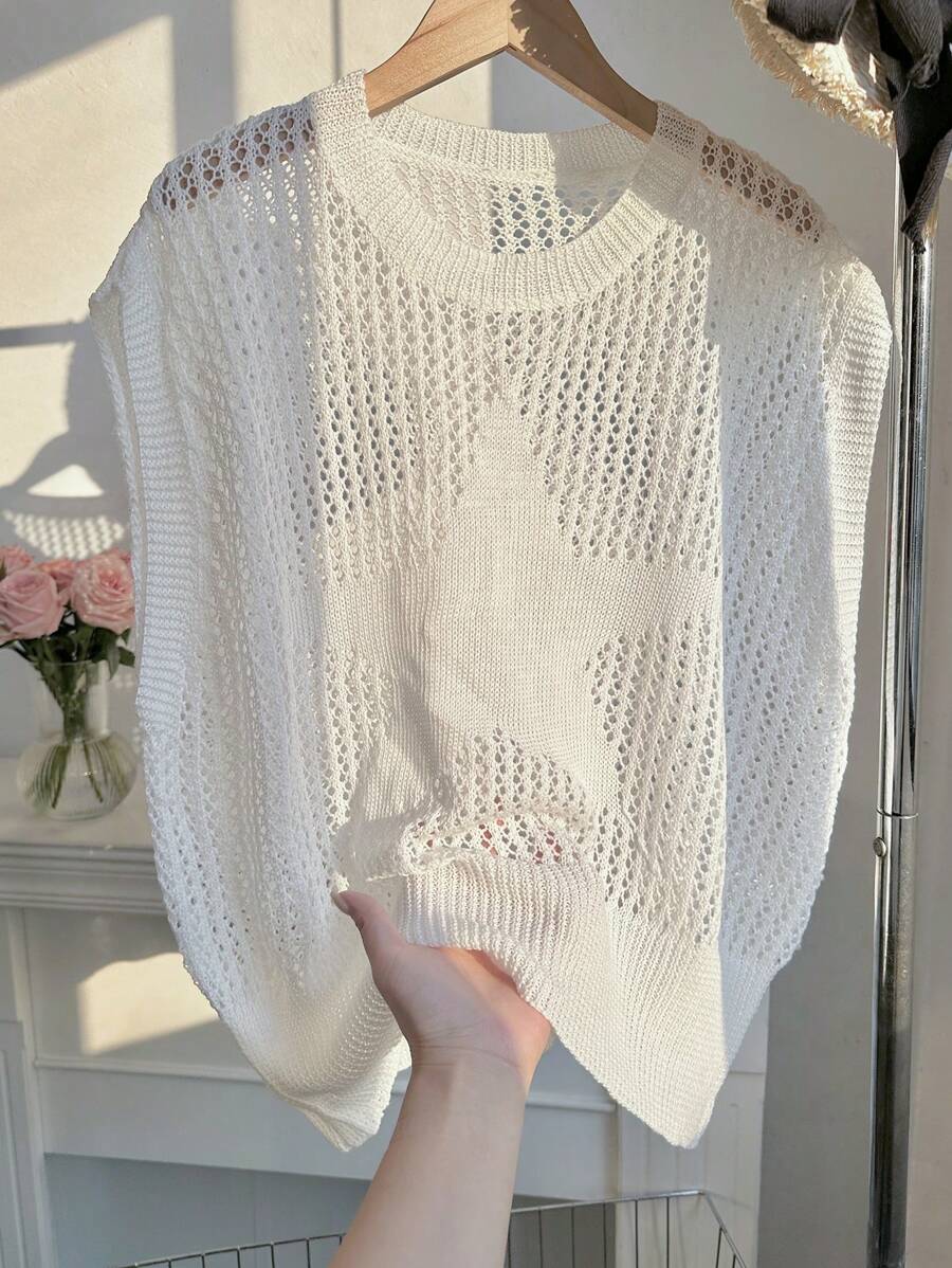 Comfortcana Plus Size White Knitted Sweater Vest: Semi-Sheer Short Sleeve Casual Top With Star Detail - White - View 1