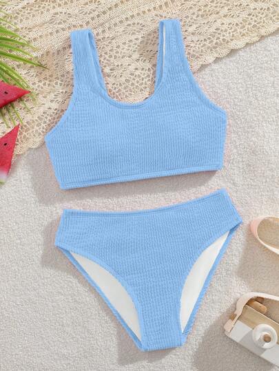 SHEIN Tween Girls Modest Bikini Set, Fashionable Wave Textured Knit Fabric Swimsuit For Vacation, Swimming, Beach In Summer, Bathing Suits For Girls Summer Holiday