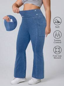 SHEIN Essnce Plus Size Casual Washed High Waist Slim Flare Leg Jeans - Light Wash - View 1