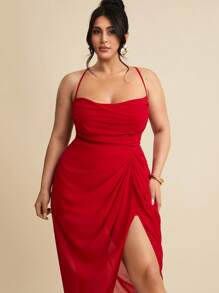 SHEIN BAE Váy tốt nghiệp xẻ đùi bằng vải voan đỏ mùa hè cỡ lớn dành cho nữ, váy sinh nhật dành cho nữ - Đỏ - Xem 5