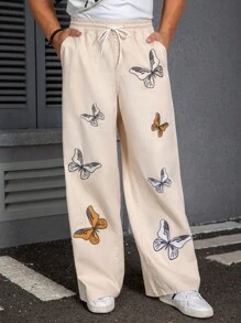 Manfinity Homme 男式蝴蝶印花贴袋宽松牛仔裤 - 杏色 - 查看 6