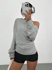 SHEIN PETITE 女士褶饰纯色不对称领口长袖休闲 T 恤