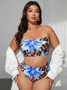 Swim Vcay Set Baju Renang Bikini Bandeau Motif Leopard & Bunga Tropis Acak untuk Wanita Ukuran Besar, Cocok untuk Liburan Pantai Musim Panas - Royal Blue - View 3