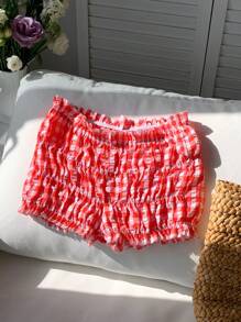 SHEIN EZwear 泡泡格灯笼蕾丝女士休闲短裤春夏荷叶边短裤夏季短裤红色短裤紧身短裤短裤>女童 - 紅色 - 查看 1