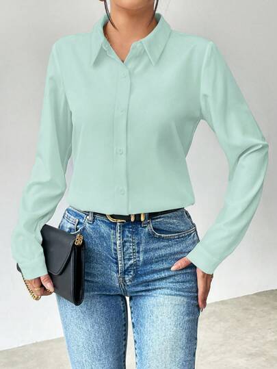 EMERY ROSE Women's Long Sleeve Solid Color Single-Breasted Casual Office Shirt Fall Cloth For Women